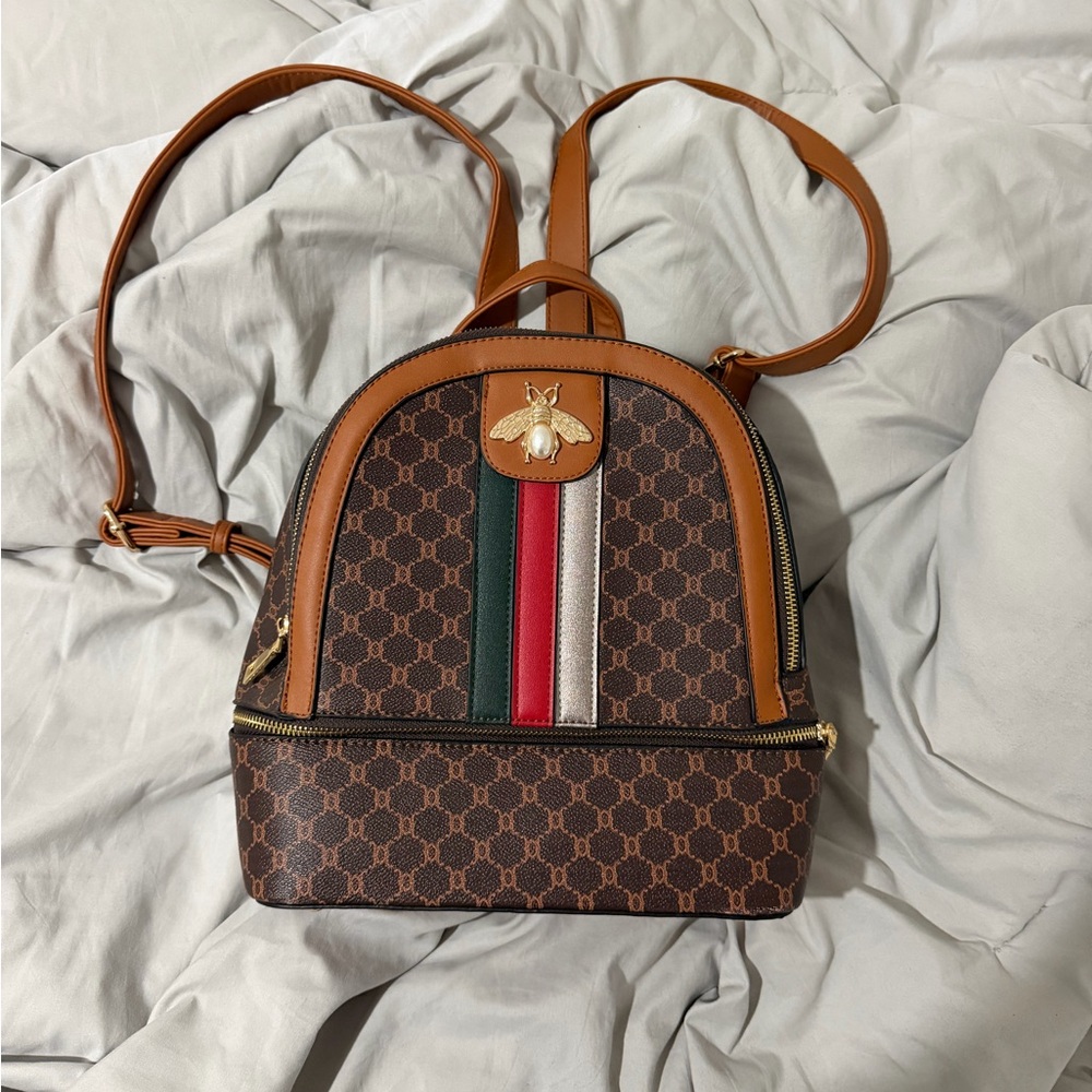 Bee Stripe Mini Backpack - Brown with Green & Red